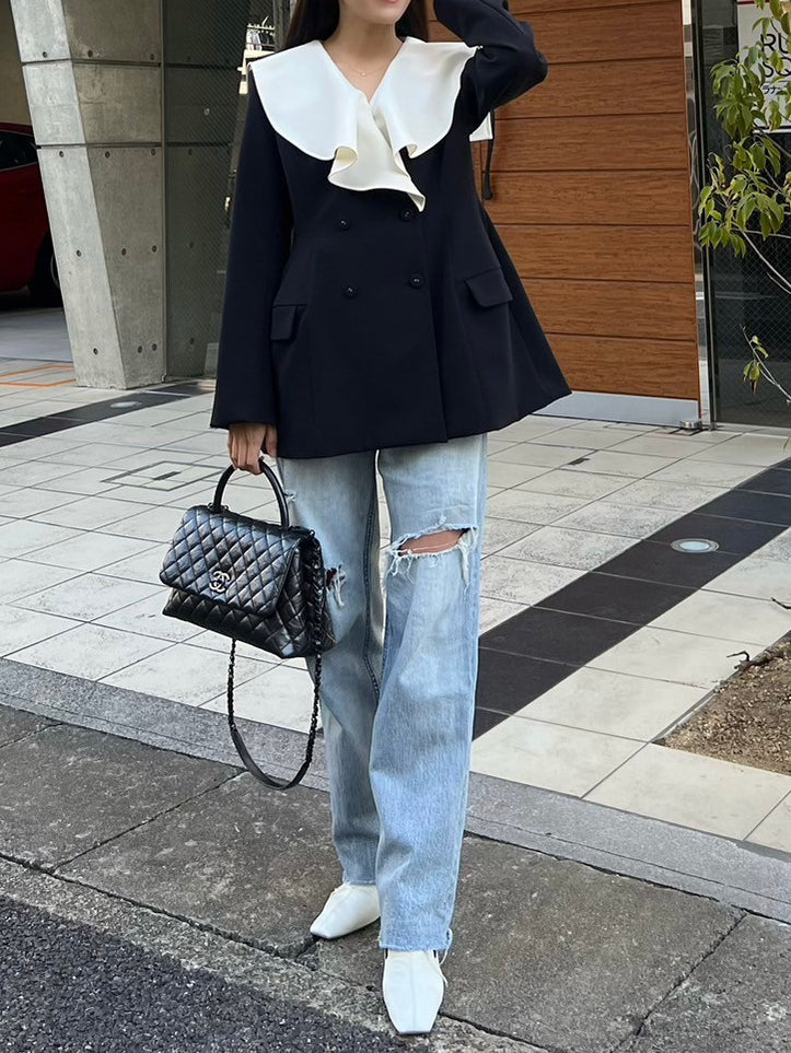 Ruffle 2way Peplum Jacket -Navy