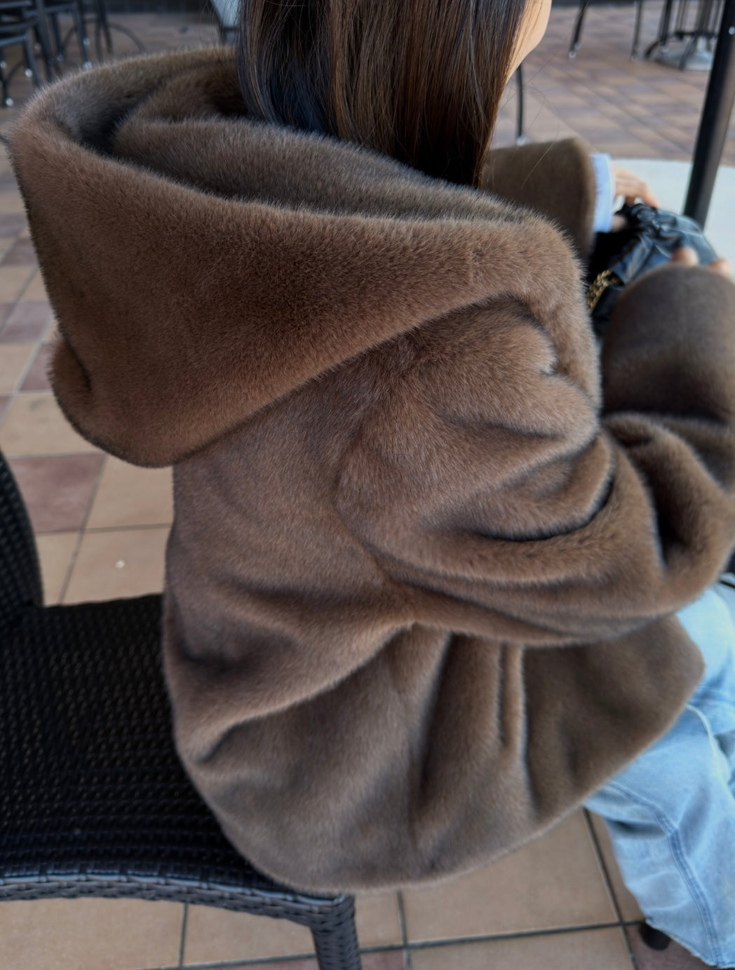 Eco fur hood coat / brown