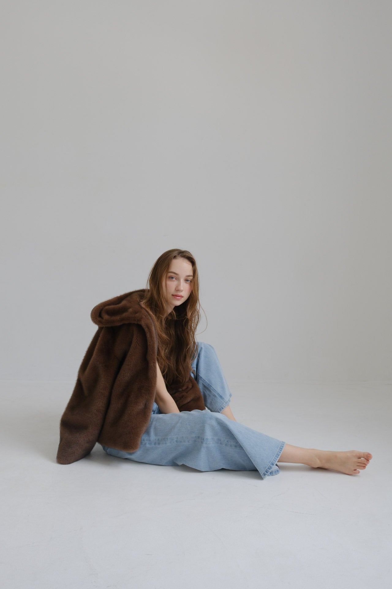 Eco fur hood coat / brown
