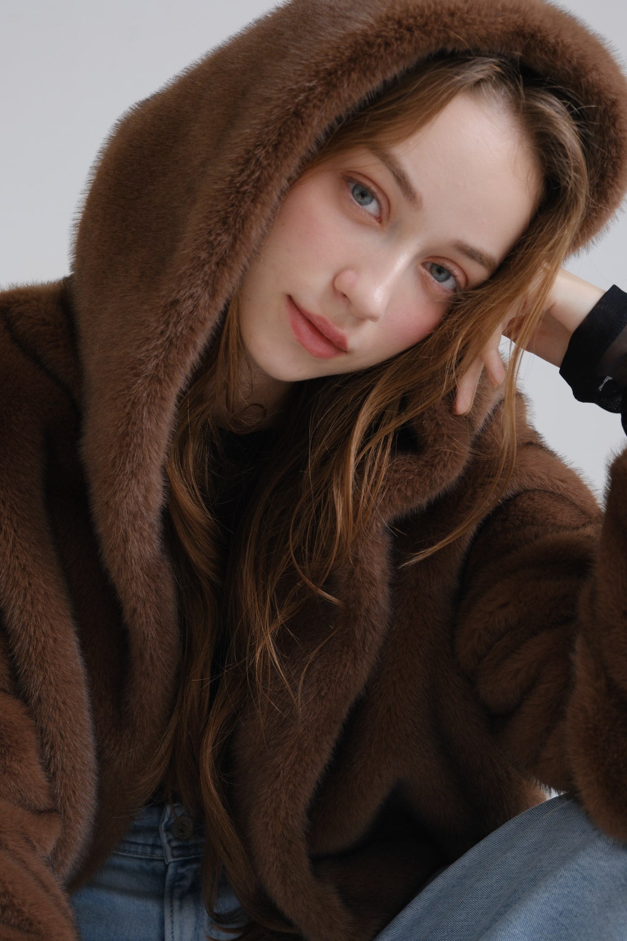 Eco fur hood coat / brown