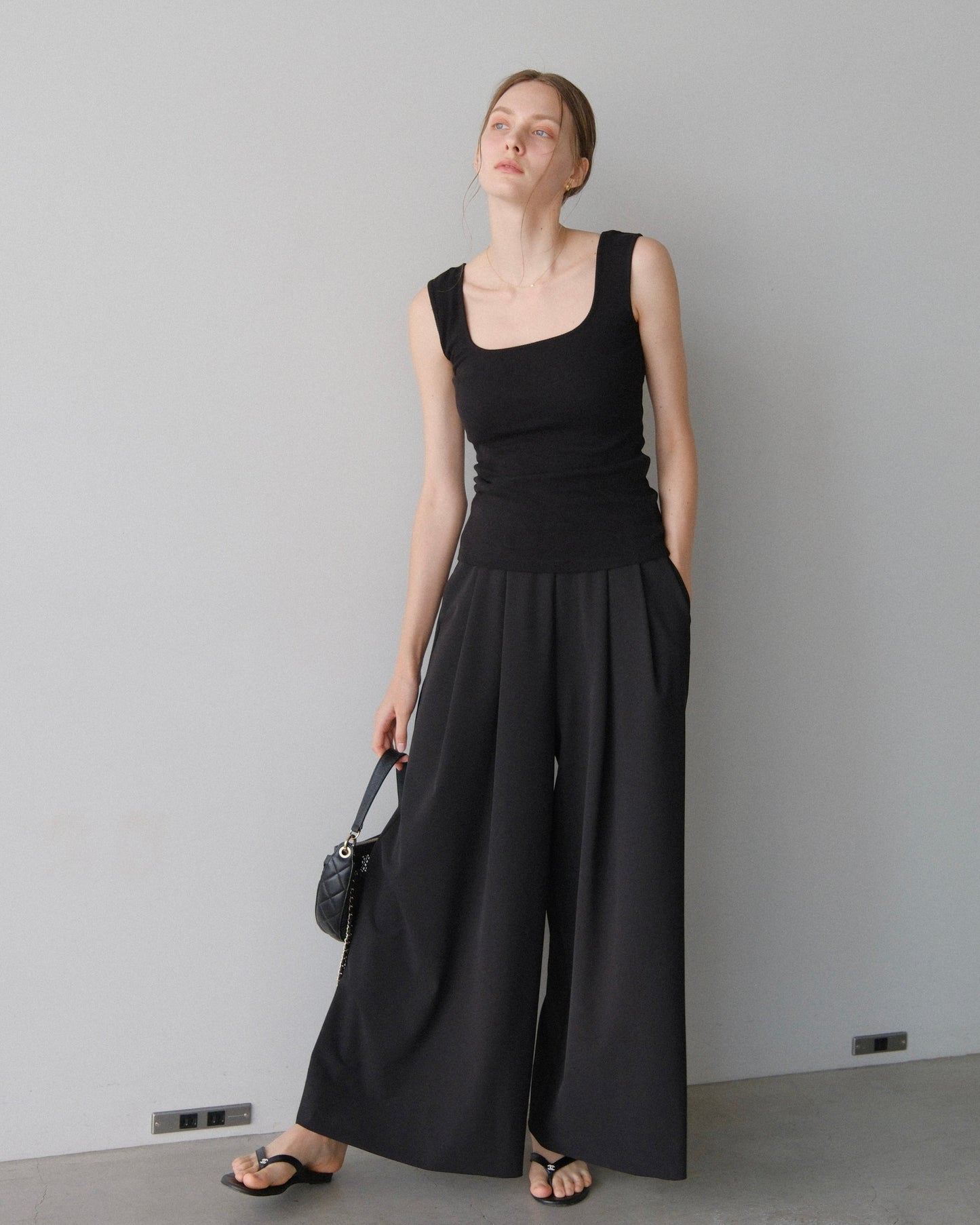 撥水wide pants - Black