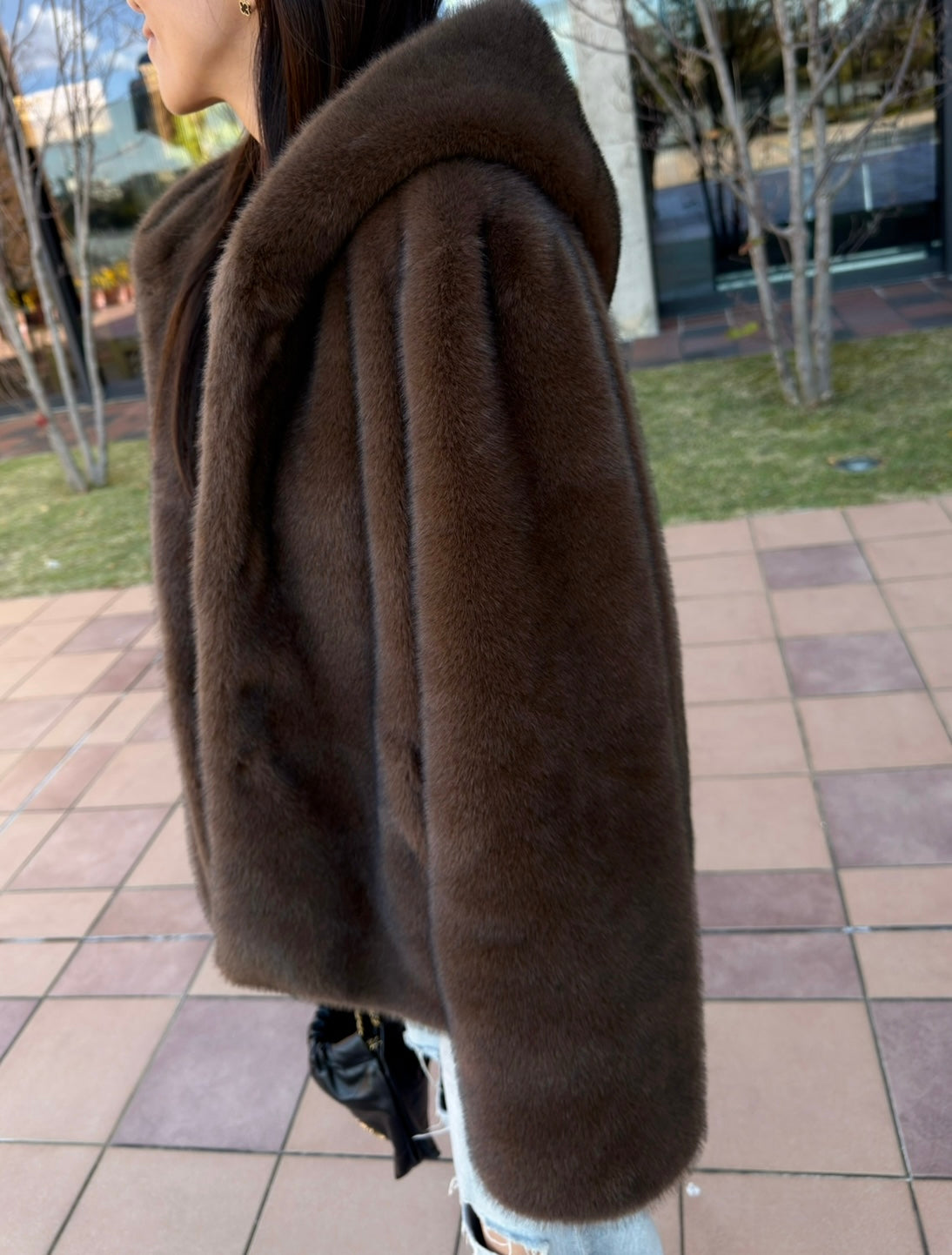 Eco fur hood coat / brown