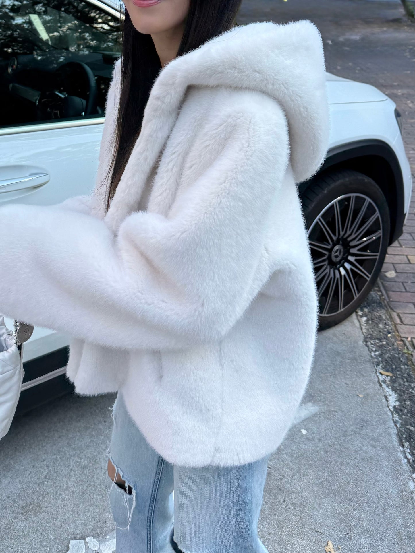 Eco fur hood coat / white
