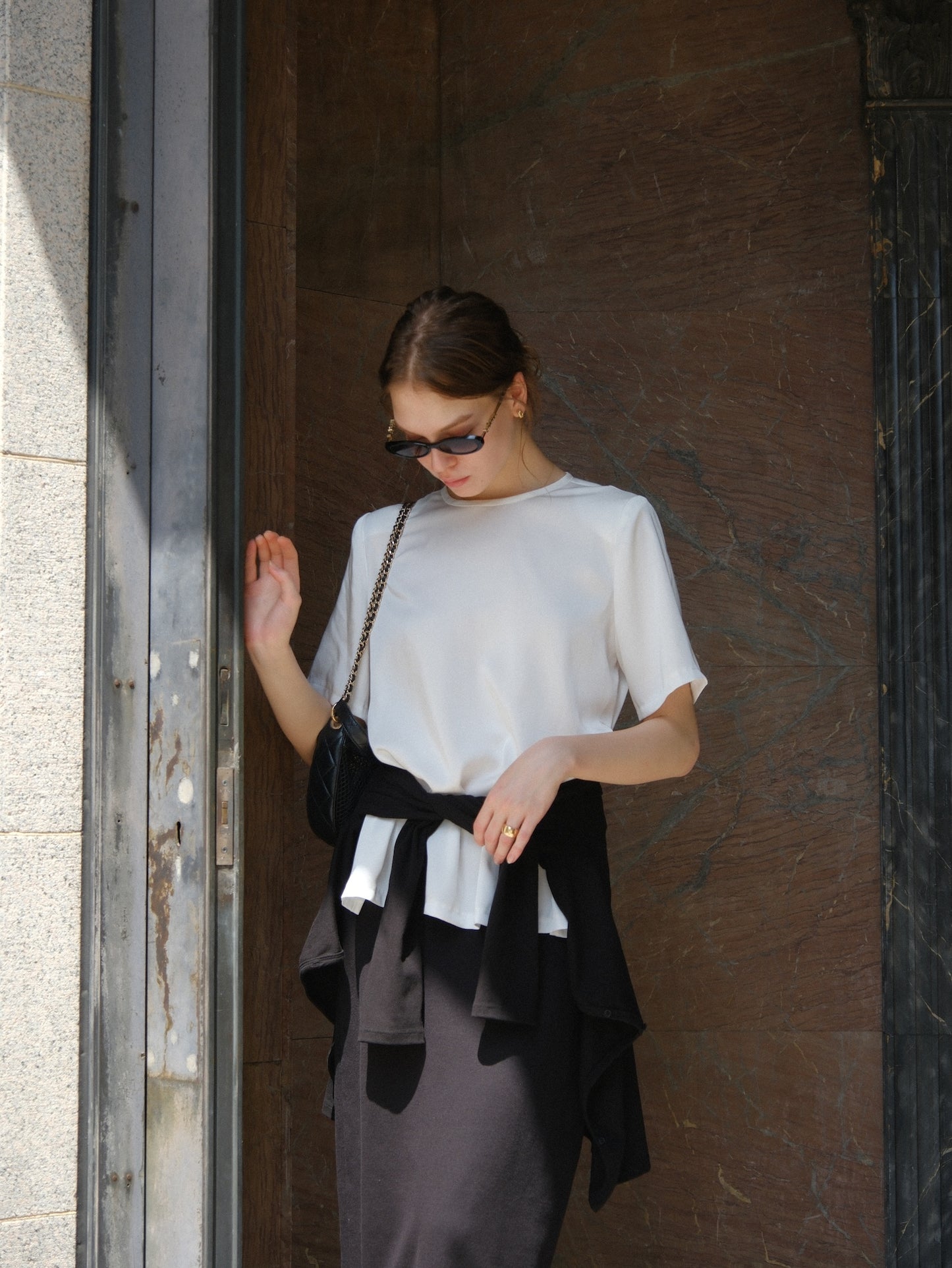 【coming soon】 Lady shoulder satin T blouse