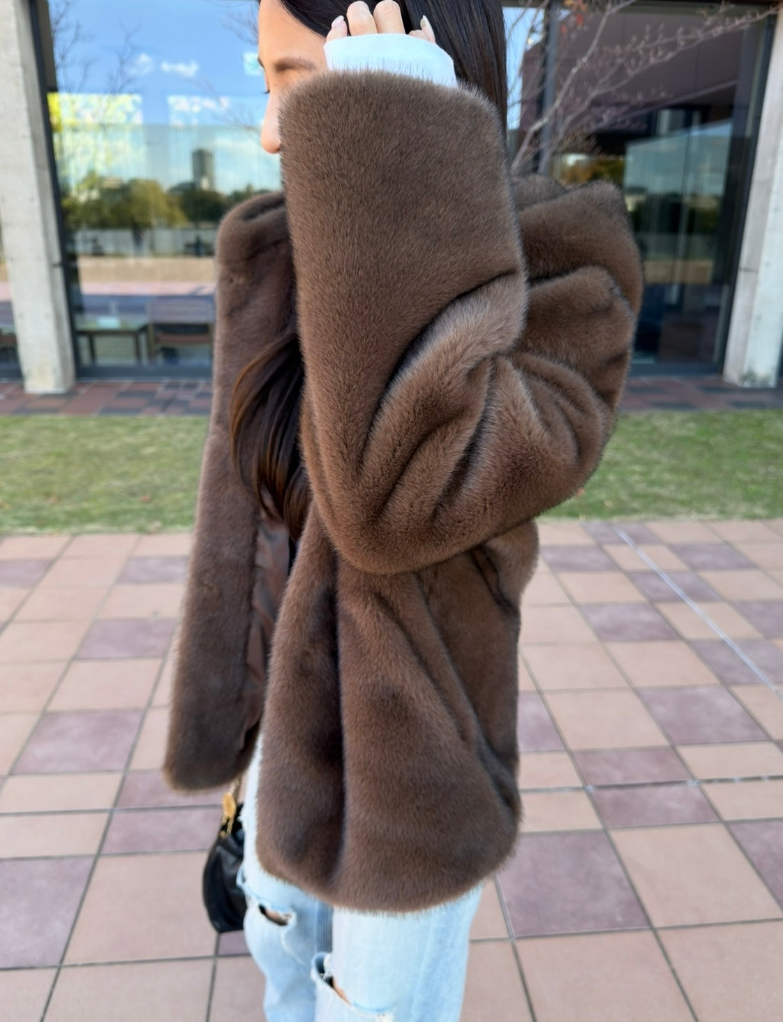 Eco fur hood coat / brown