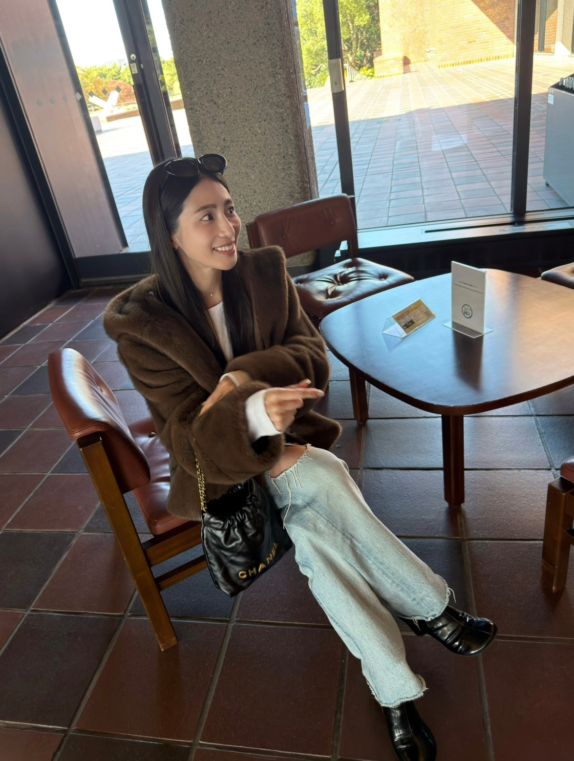 Eco fur hood coat / brown