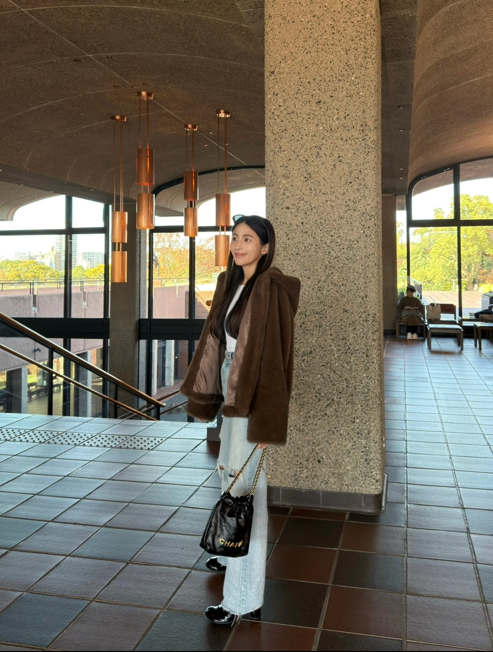 Eco fur hood coat / brown