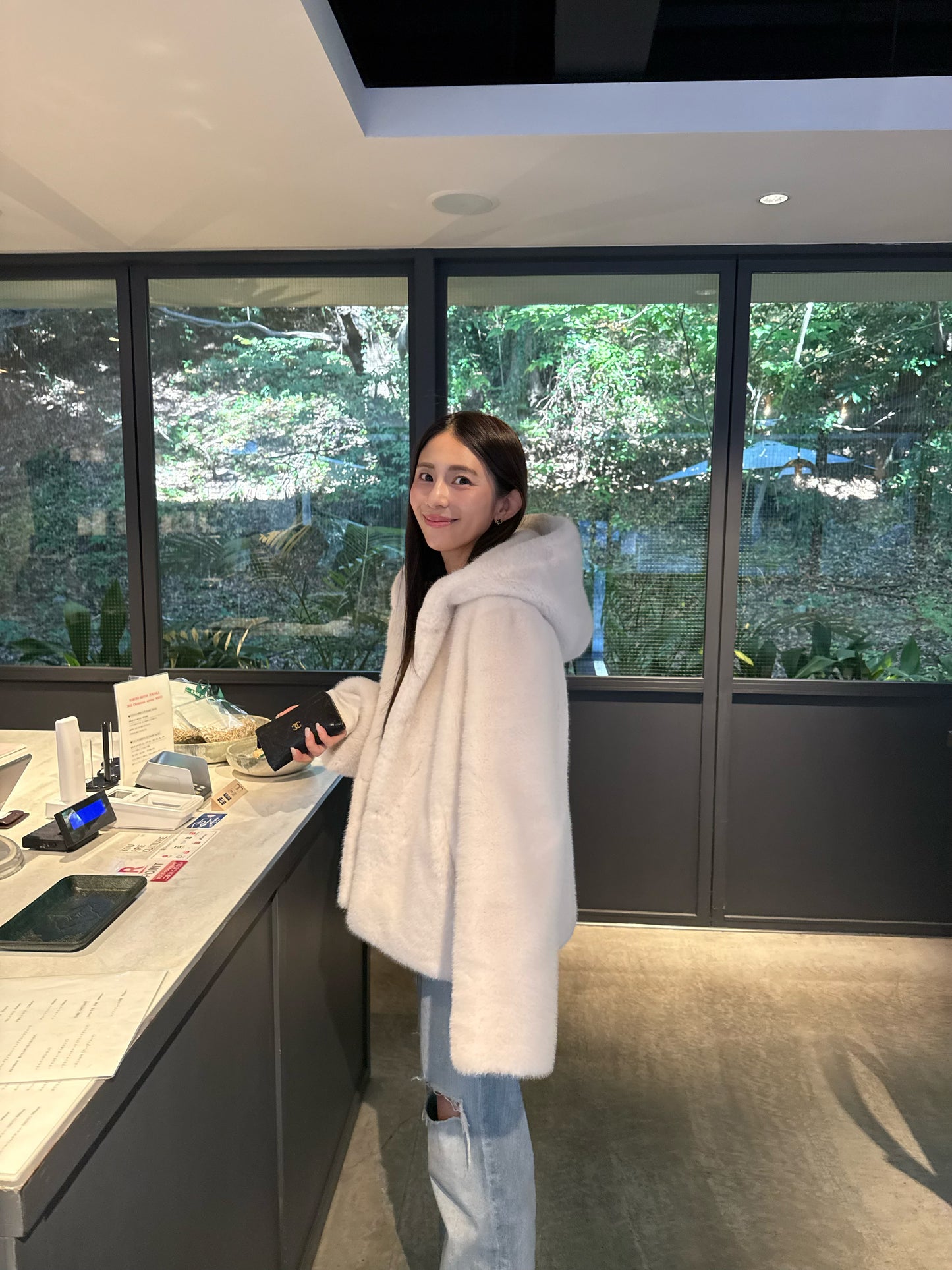 Eco fur hood coat / white