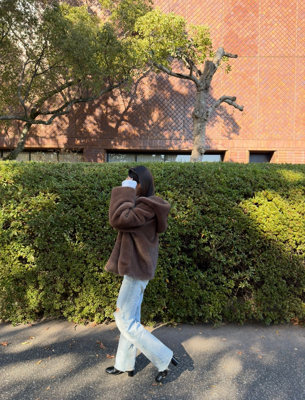 Eco fur hood coat / brown