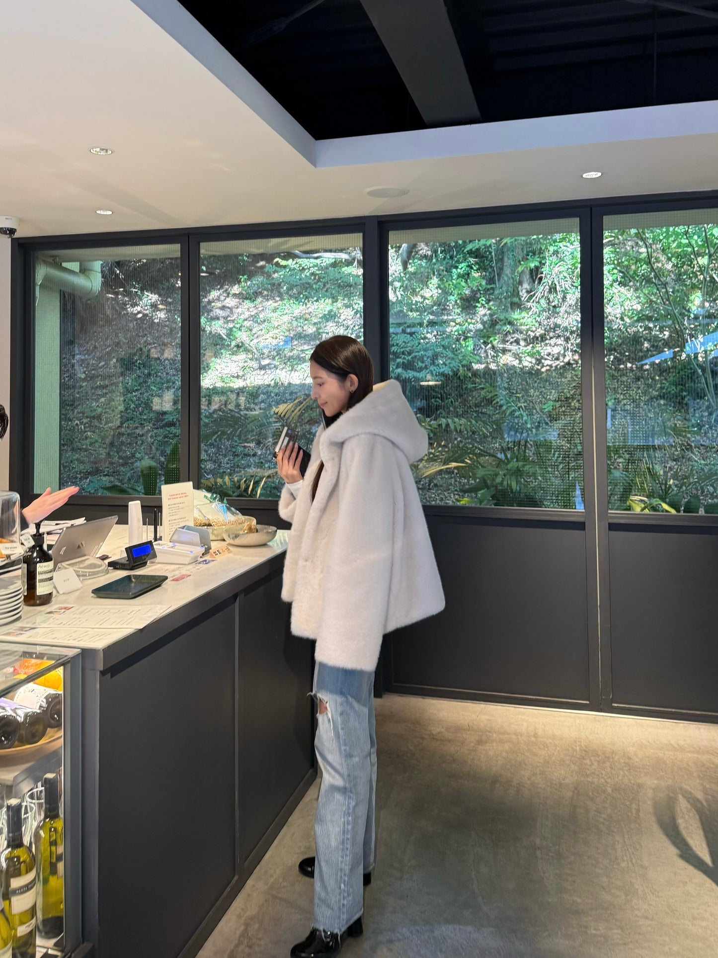 Eco fur hood coat / white