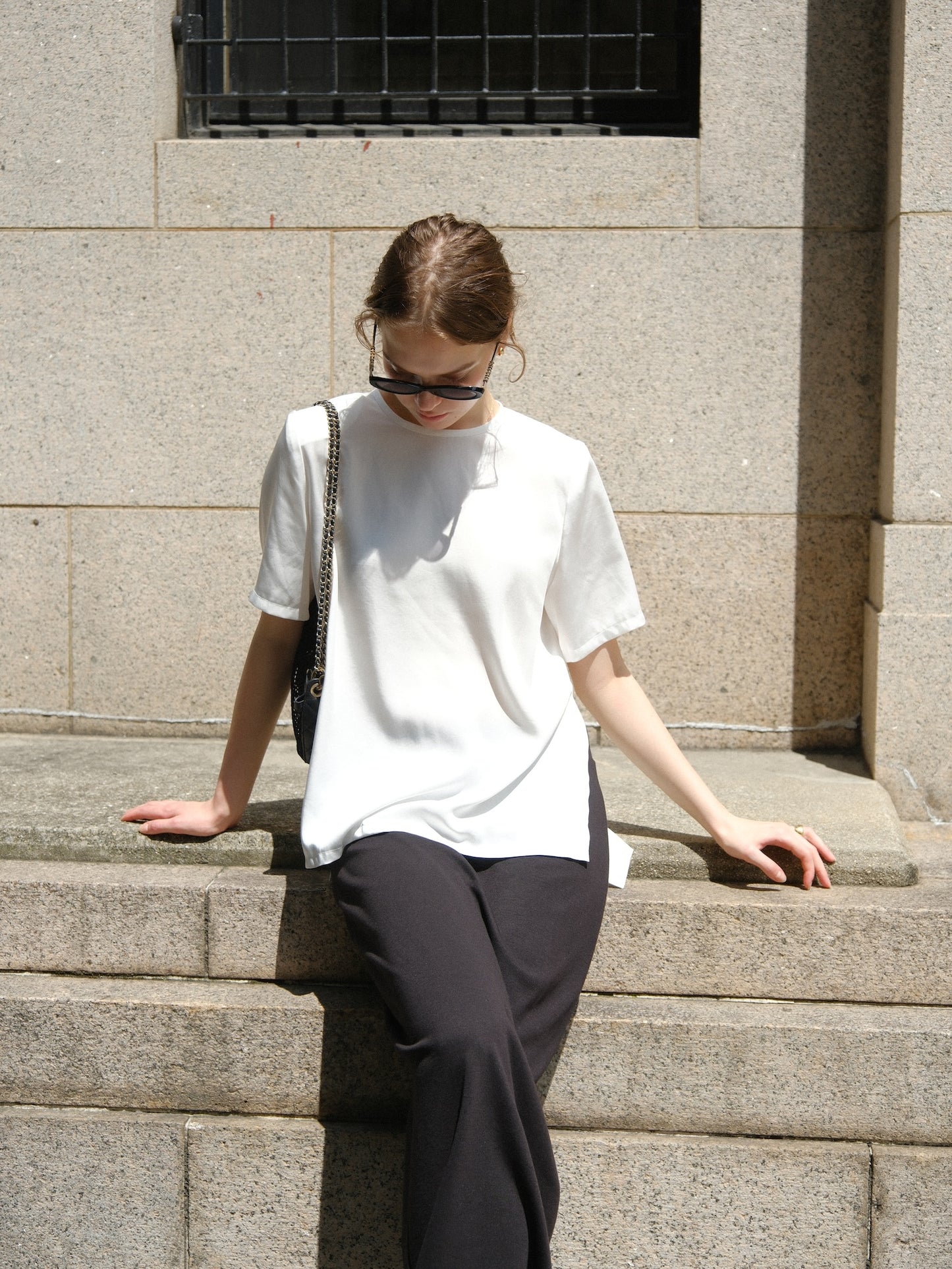 【coming soon】 Lady shoulder satin T blouse